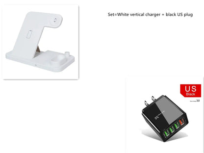 4-in-1 wireless charging station with adjustable magnetic stand charging phone, watch, earbuds, and stylus on a desk