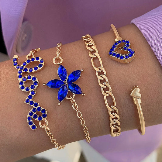 4-piece Blue Flower Love Butterfly Bracelet Set with sparkling rhinestones