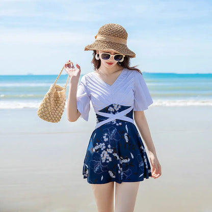 Women's blue printed one-piece swimsuit in chemical fibre blend fabric