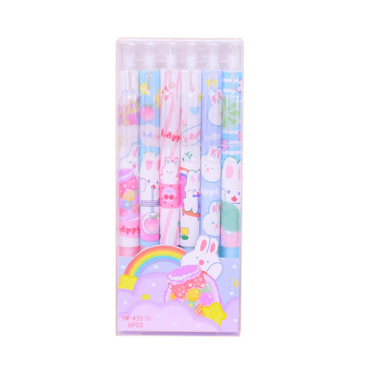 Six cartoon bunny design ballpoint pens with black ink and 0.5mm tips in packaging