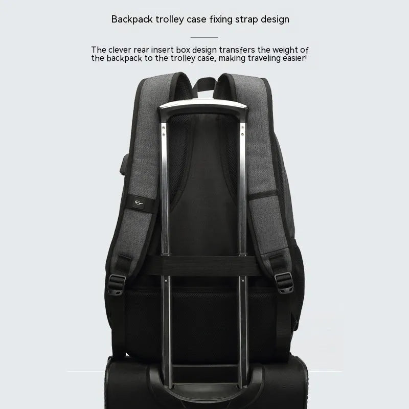 Grey lightweight backpack with USB charging port on shoulder strap.
