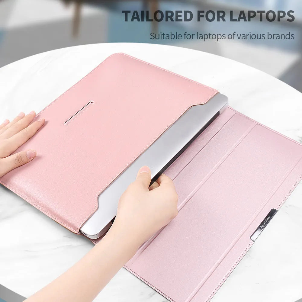 Three-in-one laptop bag in faux leather and plush, shown in black, dark blue, rose gold, grey, dark green, red or camel.