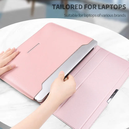 Three-in-one laptop bag in faux leather and plush, shown in black, dark blue, rose gold, grey, dark green, red or camel.