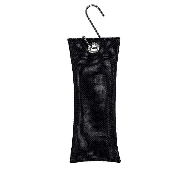 Set of black, green, grey, and blue rectangular bamboo charcoal deodorising bags on a white surface.