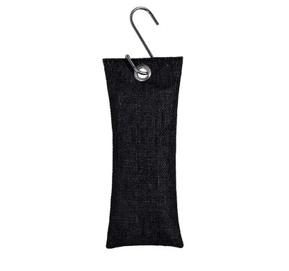 Set of black, green, grey, and blue rectangular bamboo charcoal deodorising bags on a white surface.