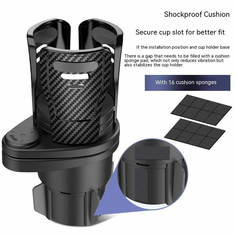 Second generation car cup holder modification accessory in carbon fibre or matte ABS plastic finish.