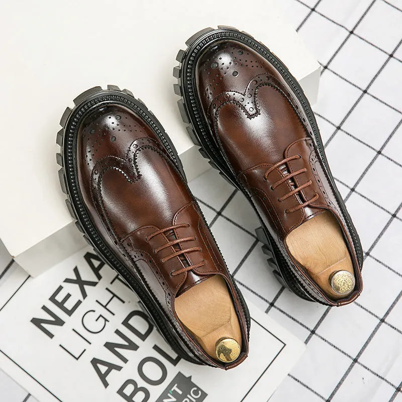 Men's black and brown business brogue shoes with round toe and artificial PU leather construction