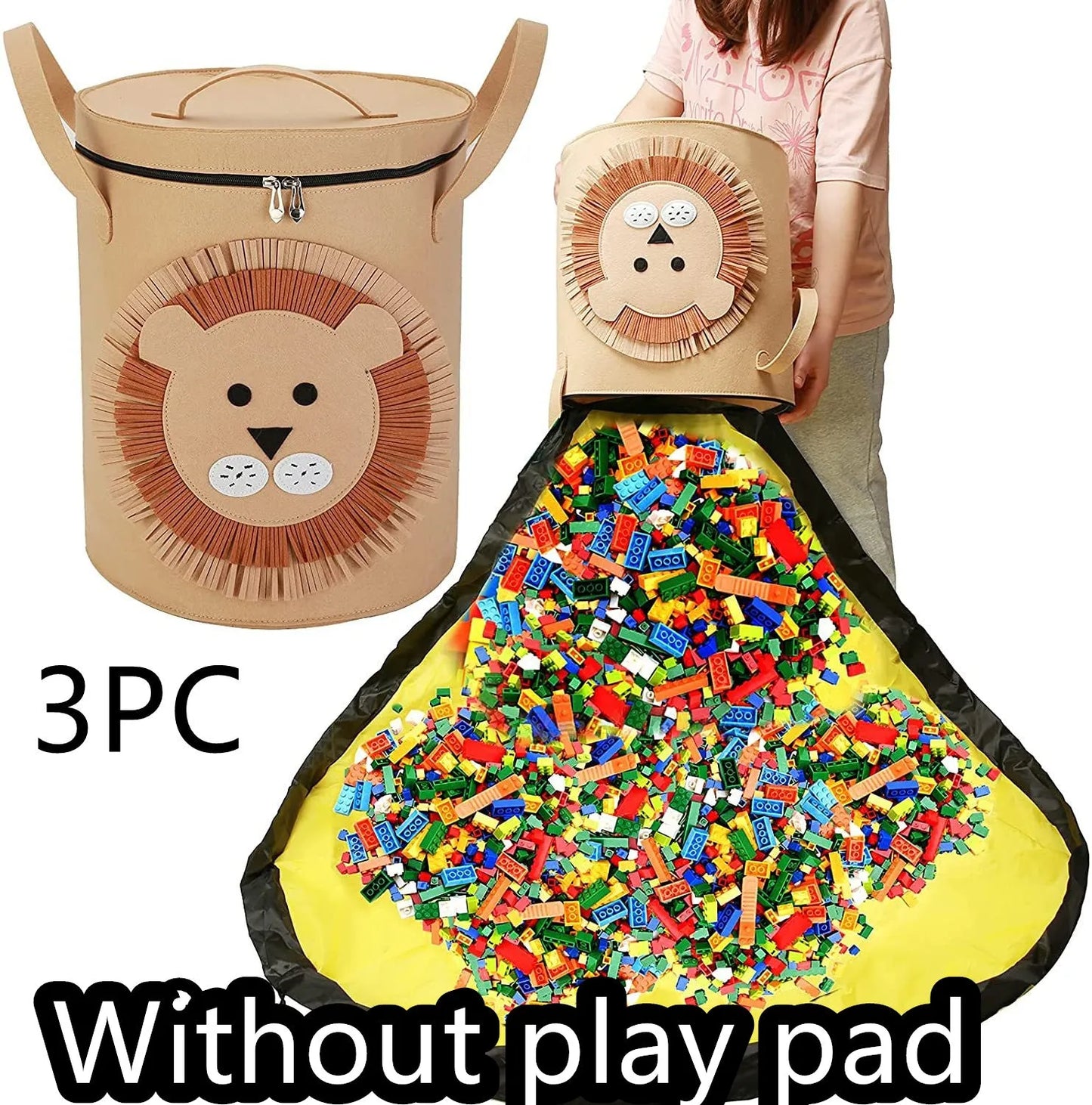 Green felt storage cube with pull rope unfolded flat to show 35cm square waterproof play mat