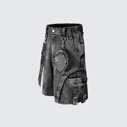 A pair of light blue loose fit high-waisted denim shorts with a retro washed colour, laid flat.