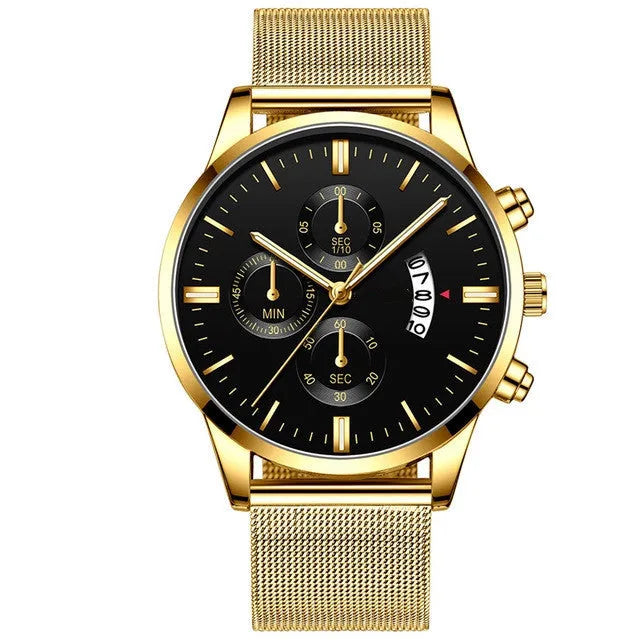 Men's stainless steel mesh band quartz watch with analog dial on a wrist.