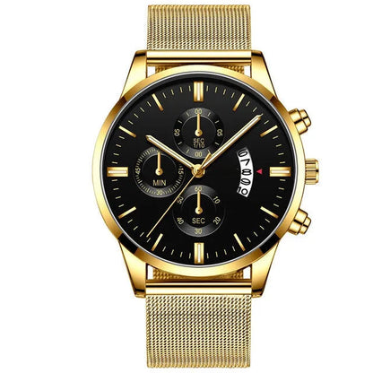 Men's stainless steel mesh band quartz watch with analog dial on a wrist.