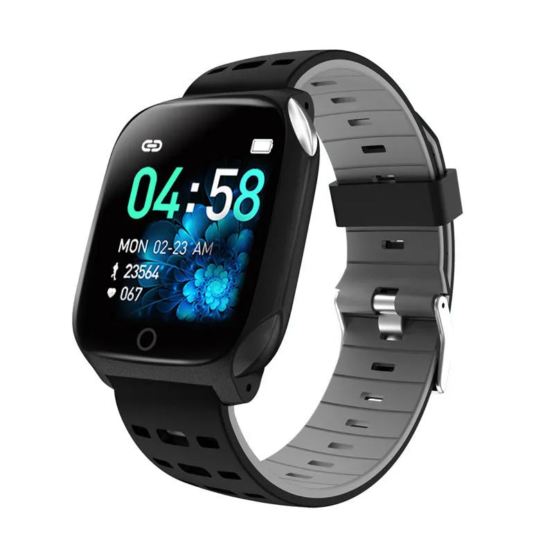 F16 smart watch with ECG and blood pressure monitor on a silicone wristband, showing the 43mm IPS screen.