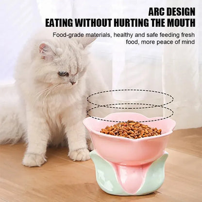 Blue ceramic raised pet bowl with floral pattern and non-slip base for cats or small dogs