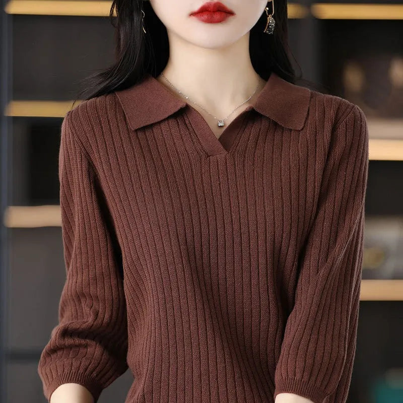 Women's loose slimming inner sweater with stripe pattern, long sleeves and pullover style, sizes S-2XL