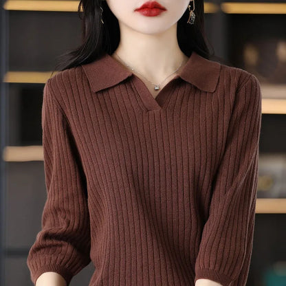 Women's loose slimming inner sweater with stripe pattern, long sleeves and pullover style, sizes S-2XL