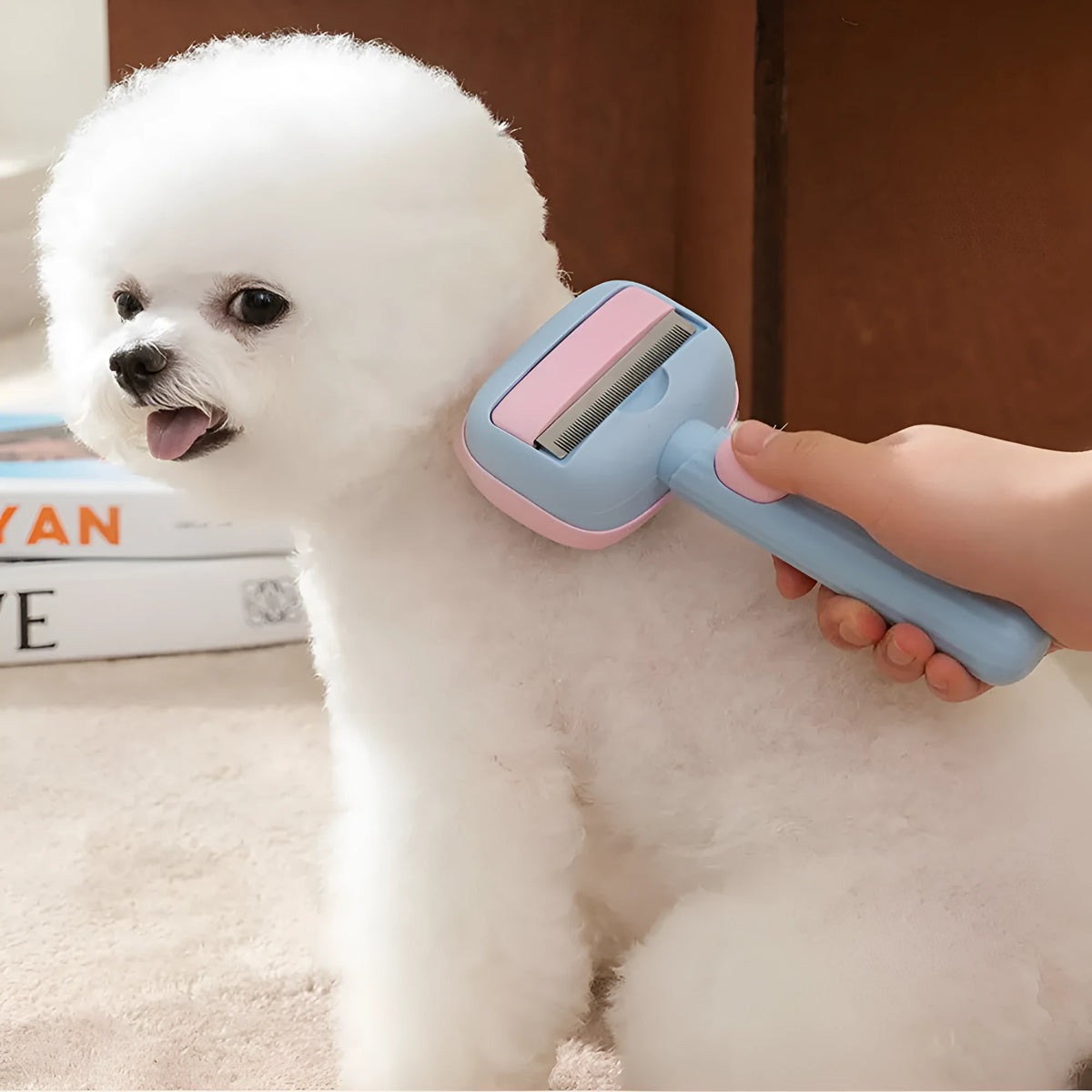 Blue and green double-sided pet grooming brush with deshedding rake and dematting comb on a white background.