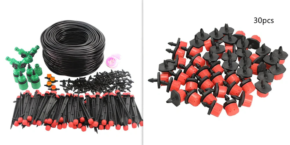 50-metre automatic garden irrigation system kit showing timer, tubing, and spray nozzles arranged for installation