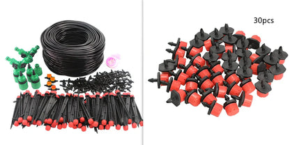 50-metre automatic garden irrigation system kit showing timer, tubing, and spray nozzles arranged for installation