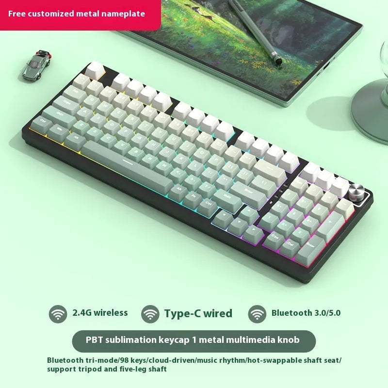 98-key wireless mechanical keyboard kit in black or white with optional LED screen and metal knob