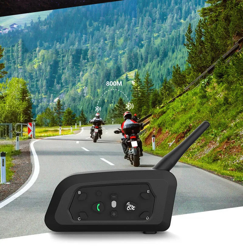 V6 Pro motorcycle Bluetooth intercom unit with headset and mounting kit on a helmet.