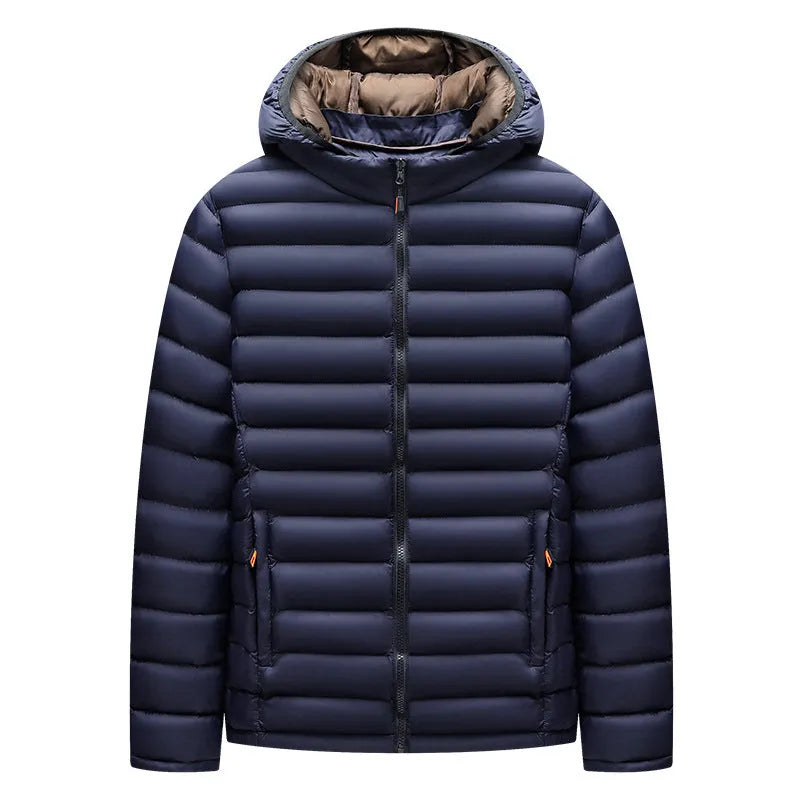 Men's solid-colour hooded down jacket with a detachable collar and zippered pockets.