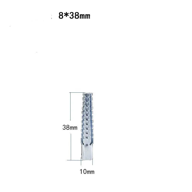 Barbed serrated metal expansion screw anchor for brick and concrete walls in various sizes.