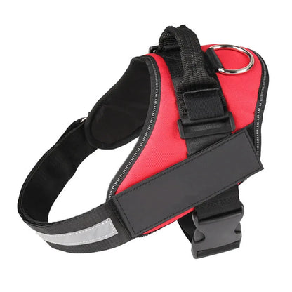 Adjustable reflective nylon dog harness vest with a sturdy handle and chest strap, shown on a size chart.