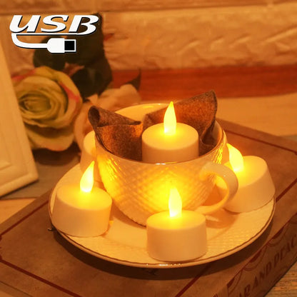 White plastic USB rechargeable LED candle with yellow flashing light mode, measuring 5.5cm tall