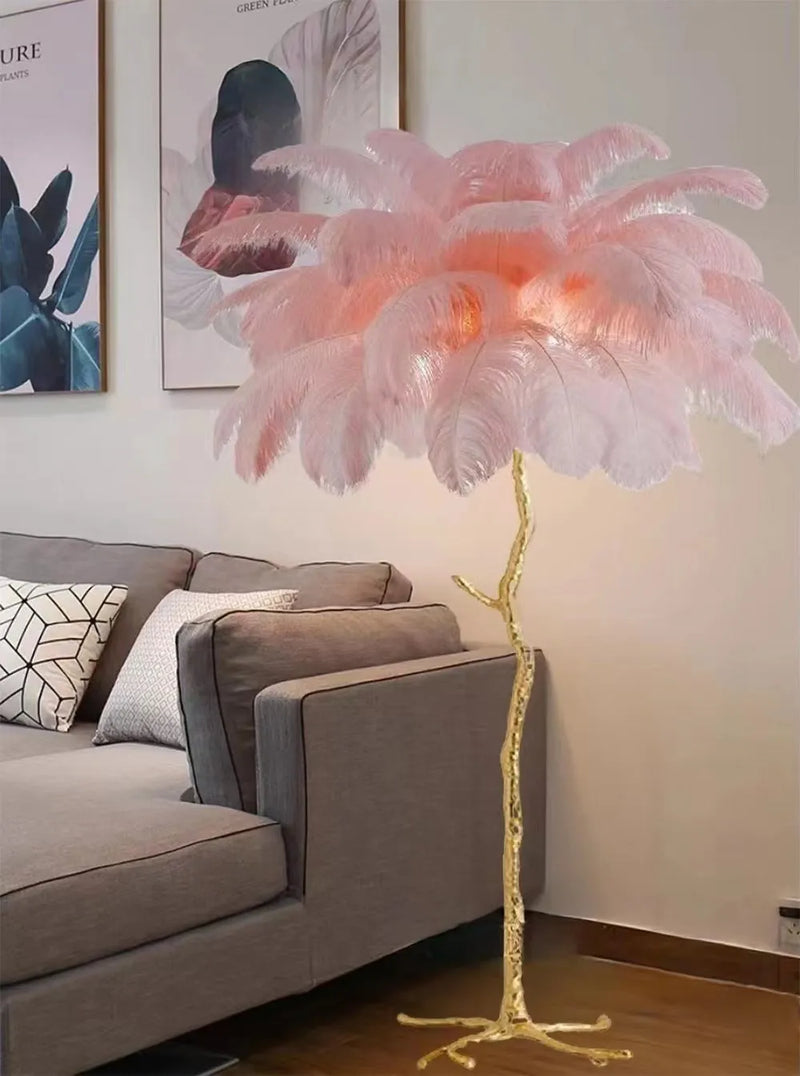 Decorative resin feather floor lamp for living room and bedroom with 32 individual feathers, measuring 170cm tall by 110cm wide by 40cm deep, available in dark green, pink, or white feather colours with choice of UK, US, EU or AU electrical plug