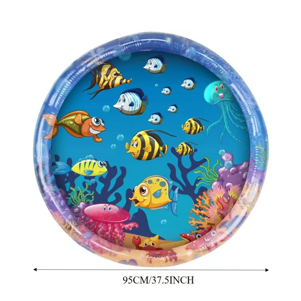 Blue ocean-themed cat water play mat with floating fish toys inside an inflated square border on a wooden floor.