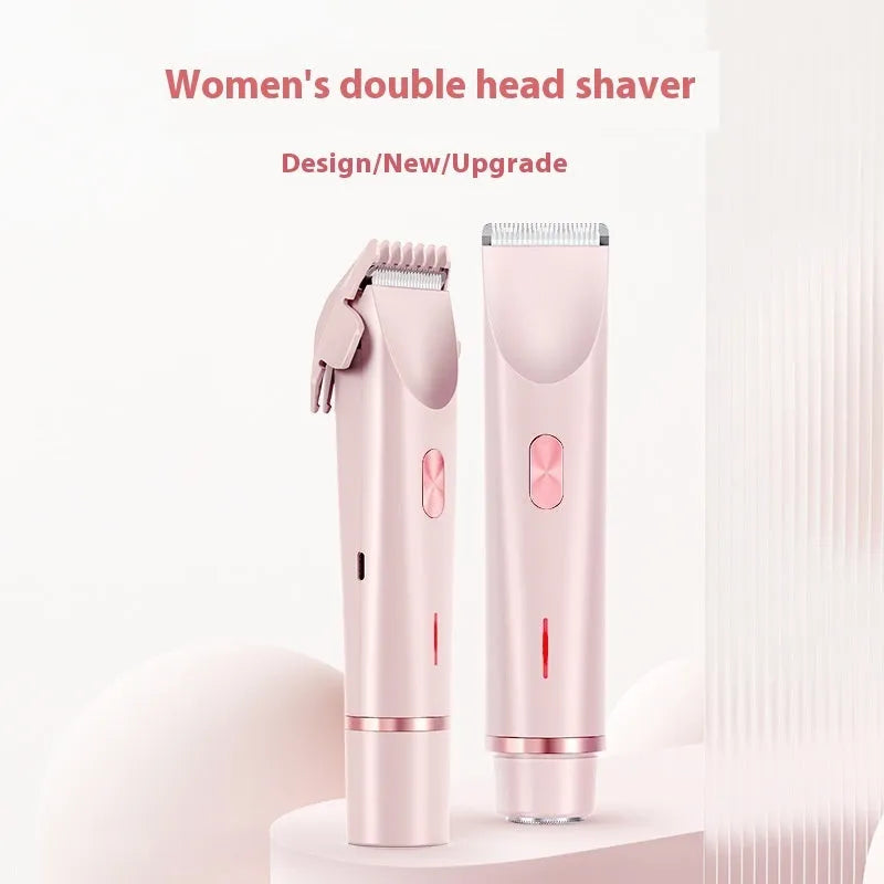 Pink electric shaver with double head, USB cable, and brush for women's body grooming