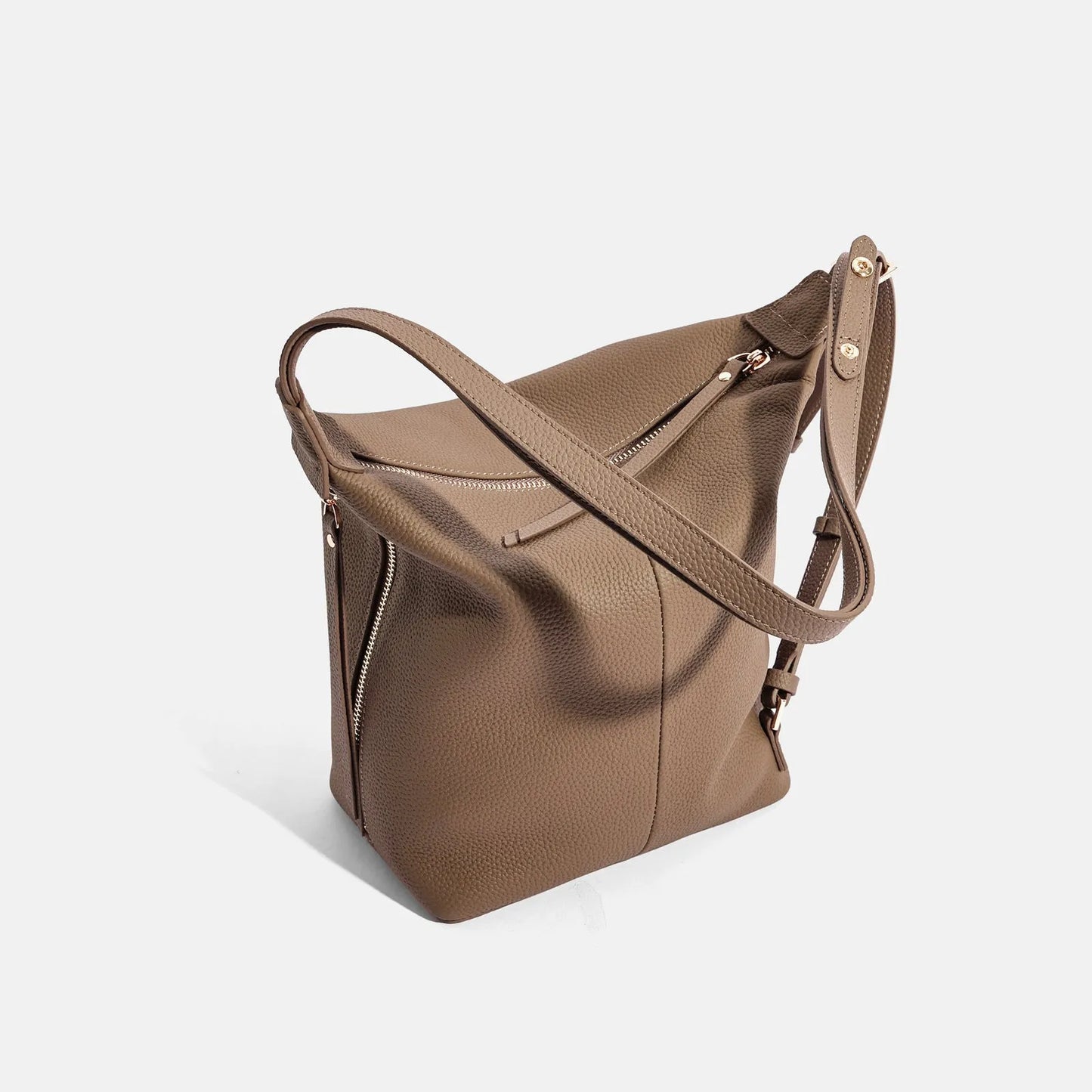 Women's soft genuine cowhide leather bucket shoulder bag in elephant gray colour