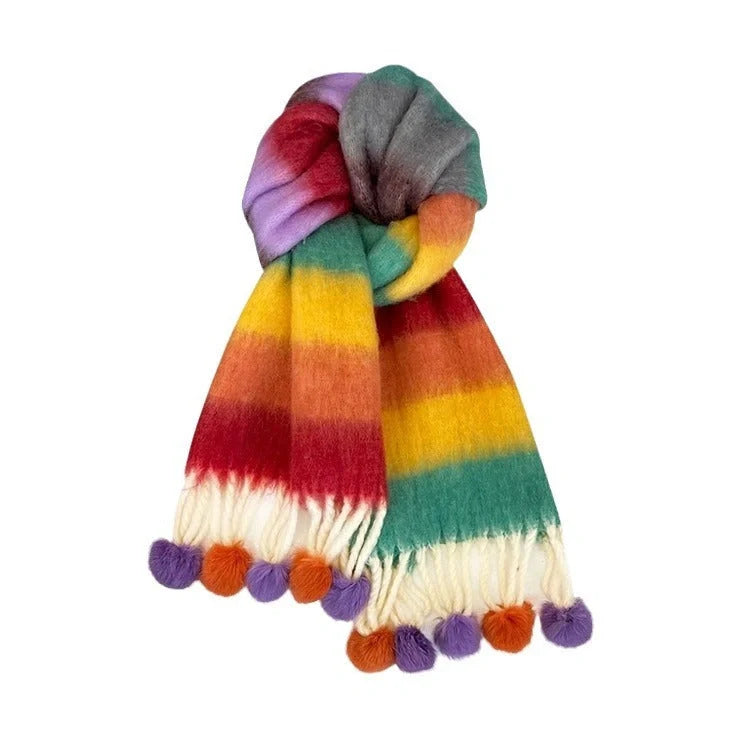 Vibrant Rainbow Mohair Tassel Scarf in various colors, perfect for winter fashion