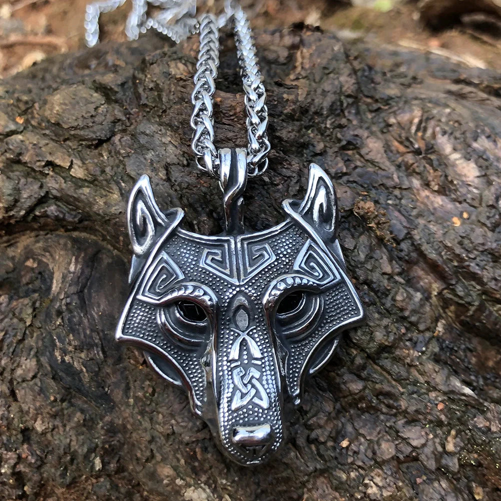 Norse Grey Wolf Head Titanium Steel Pendant Chain in silver and gold options