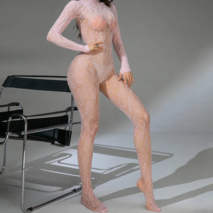 Black women's one-piece lingerie with long fishnet sleeves and a backless jacquard pattern.