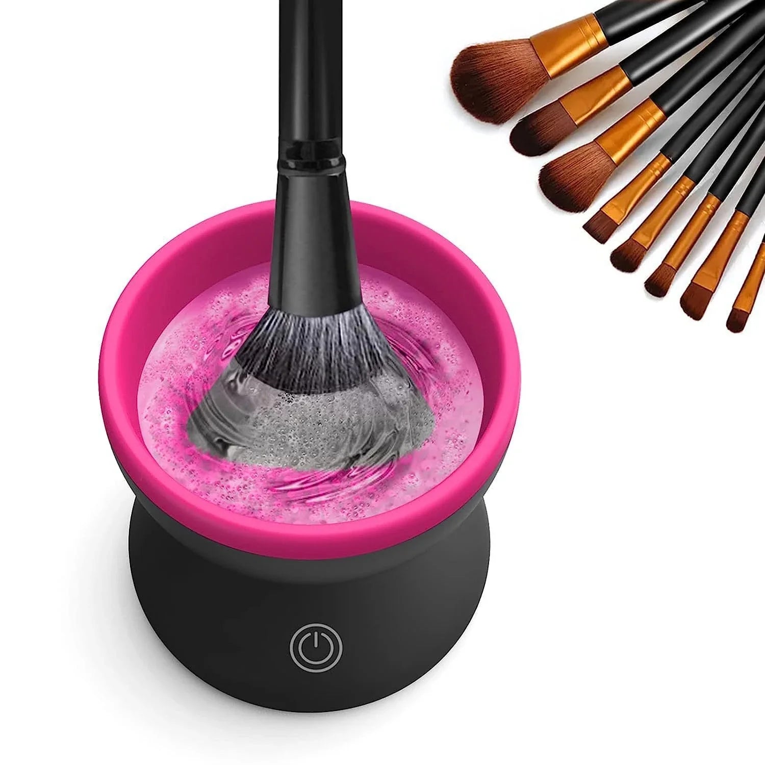 Electric makeup brush cleaner with silicone container and automatic cleaning capabilities for all brush sizes