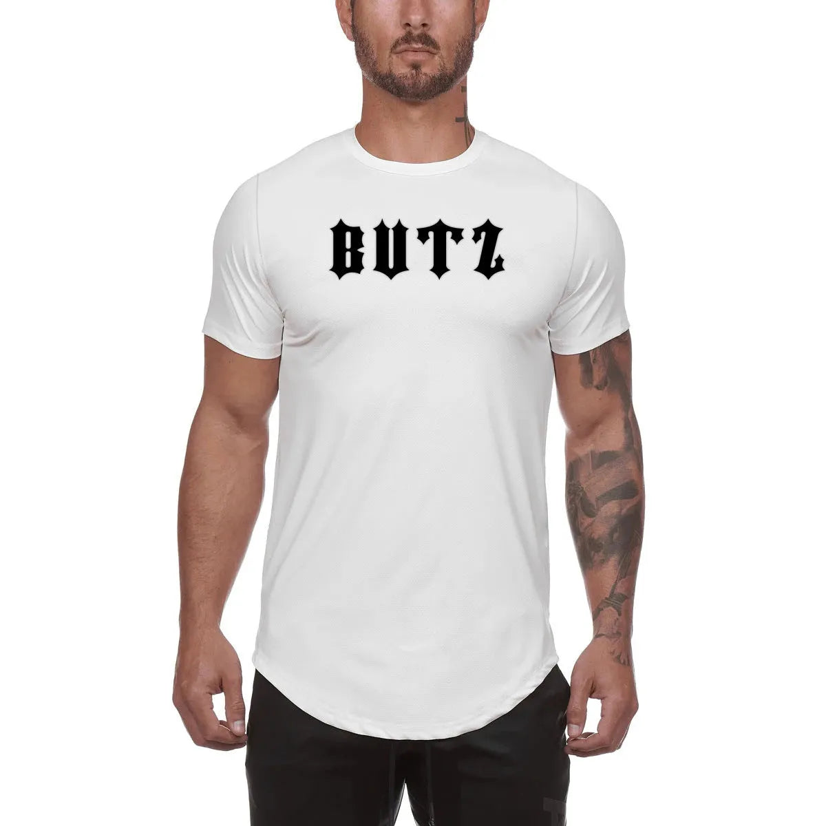 Men's plain grey gym shirt, blouse style, on a hanger showing relaxed fit and cotton-spandex fabric.