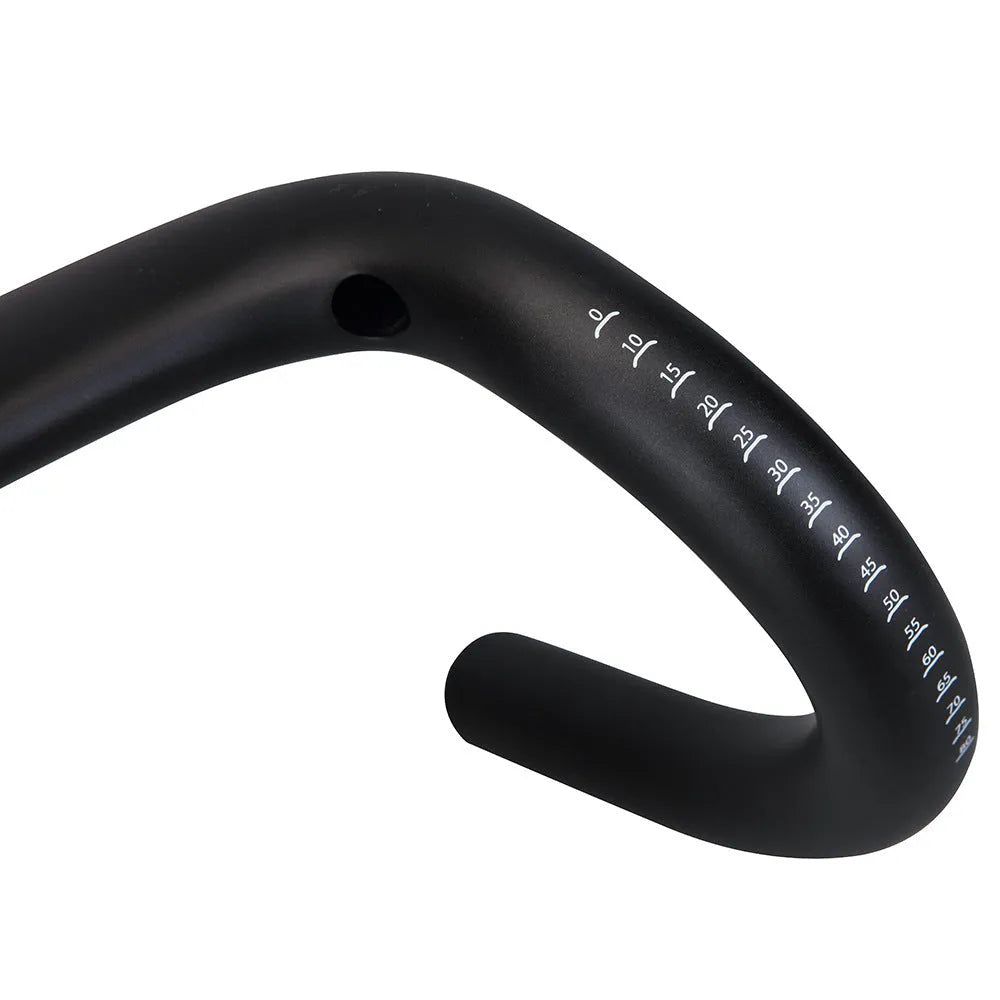 Black carbon fibre bicycle handlebar with large-angle bent outer swing design showing three width options