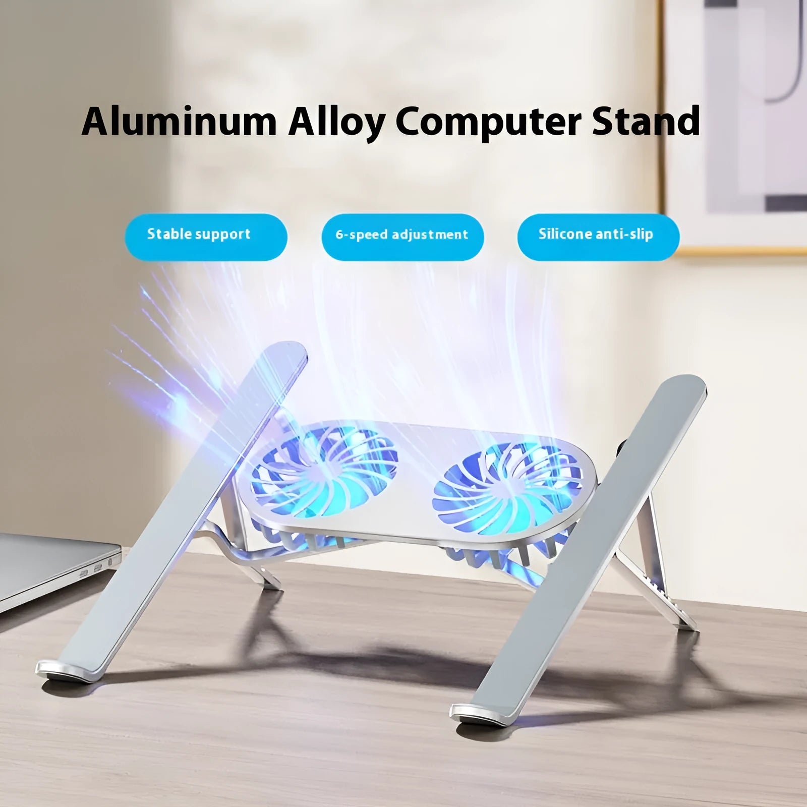 Aluminium alloy portable laptop cooling stand with twin fans and adjustable height mechanism in silver finish