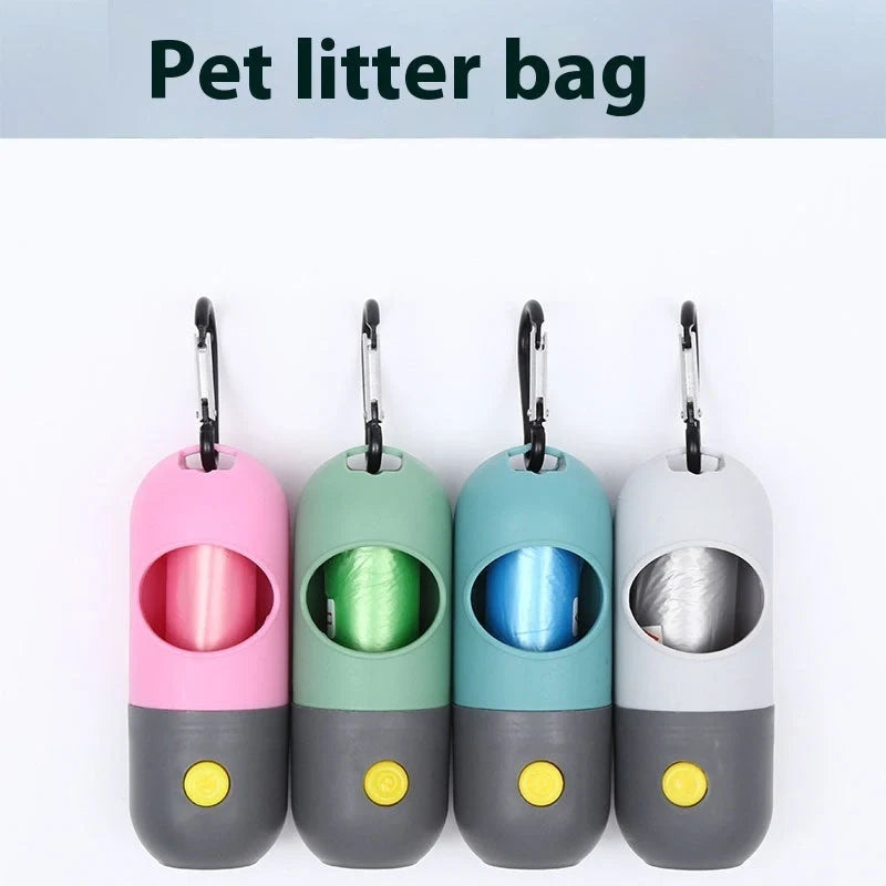 Illuminated pet waste bag dispenser for dogs and cats, available in various stylish colours with or without included garbage bags