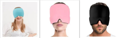 Black elastic cloth gel cold compress eye mask for headache relief on a grey background.