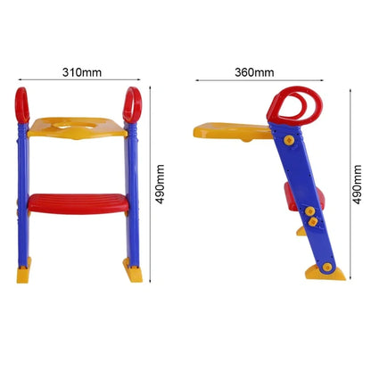 Purple, red and yellow adjustable potty training chair with ladder folded to 7cm thickness showing double handrails