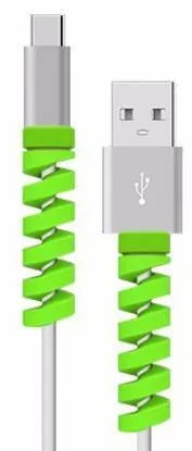 Plastic charging cable protector sleeve shown in various colours including black, blue, pink and yellow.