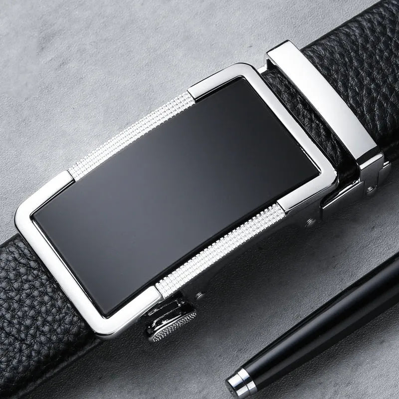 Men's leather belt with automatic buckle in gold, silver and gun black colours showing comfort click mechanism