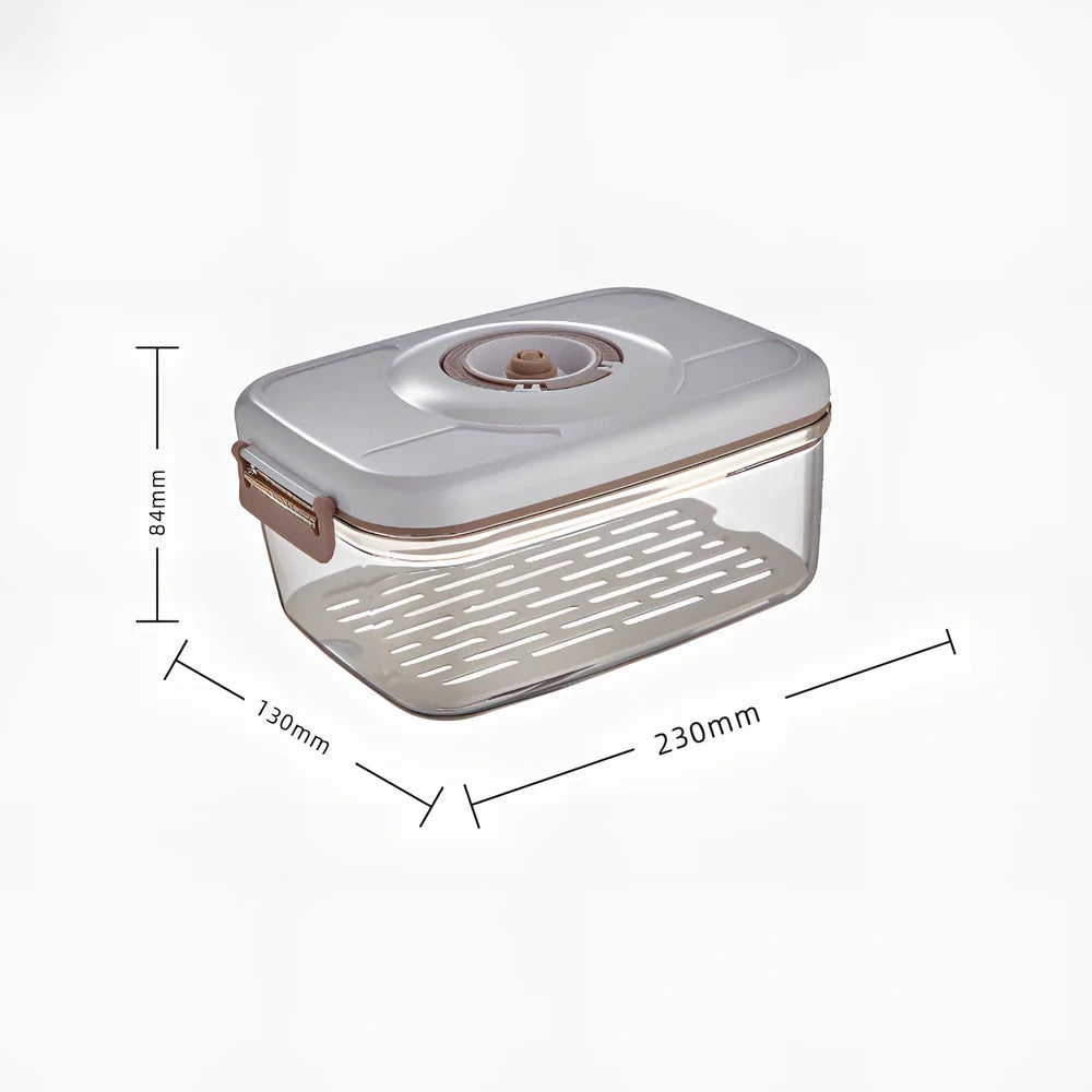 Transparent vacuum food storage box with manual pump and removable drainage net for extended freshness