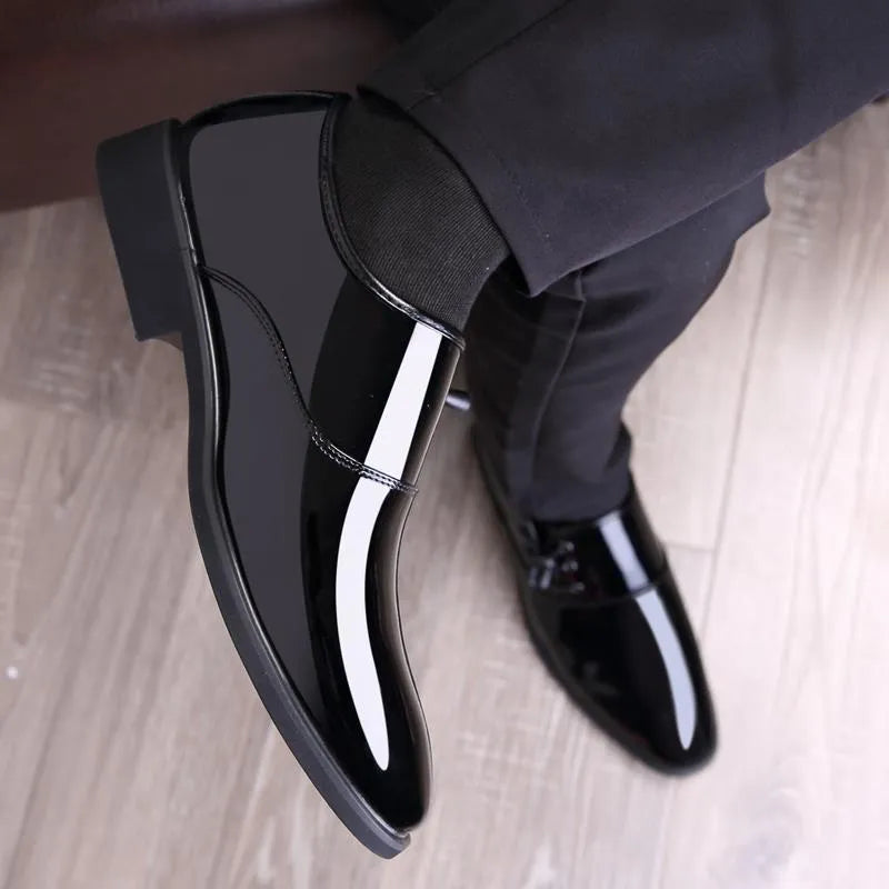 Men's black and brown formal business shoes with round toe and square heel