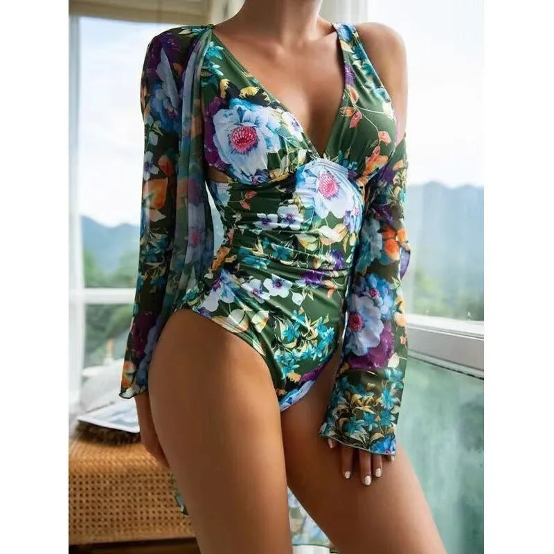 Women's floral pattern bikini three-piece swimsuit set with cover-up coat in multiple colour options