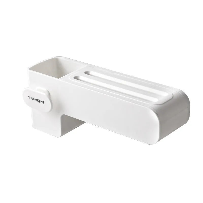 White modern plastic knife block holding six kitchen knives on a countertop.