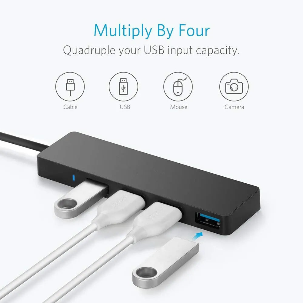 Black USB 3.0 hub with four ports, 30cm cable, and LED connection indicators