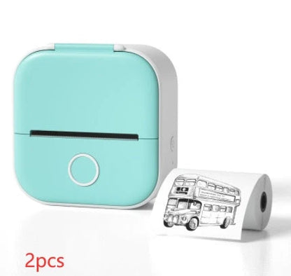 Compact Bluetooth-enabled thermal label printer in white, pink, and green colors with various label options